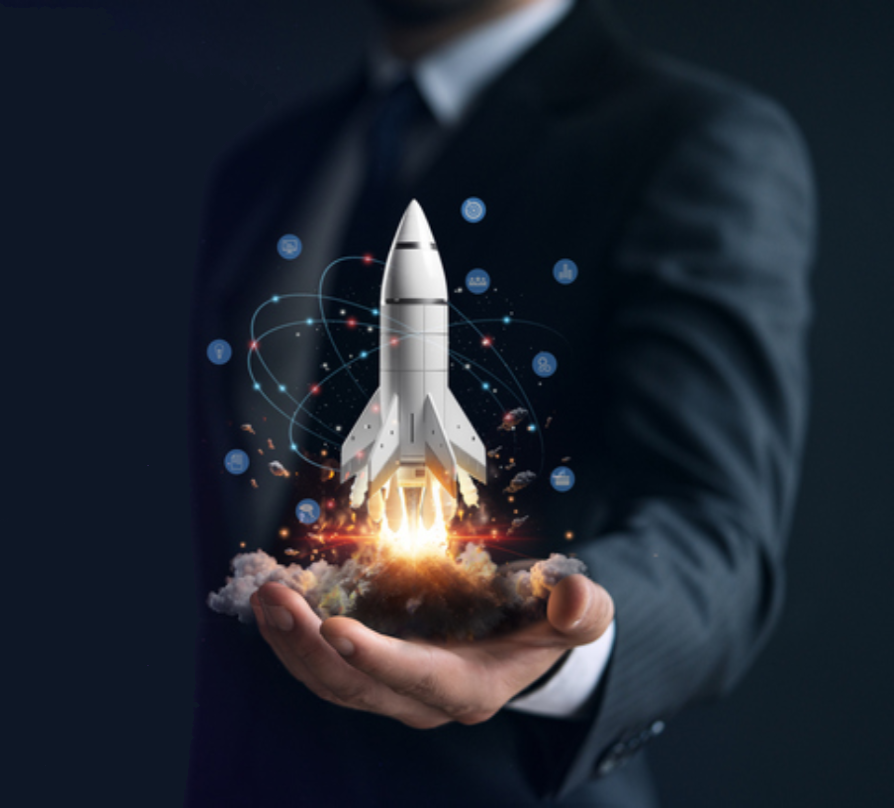 imagesd A man holding out his hands with an image of a rocket in the middle.